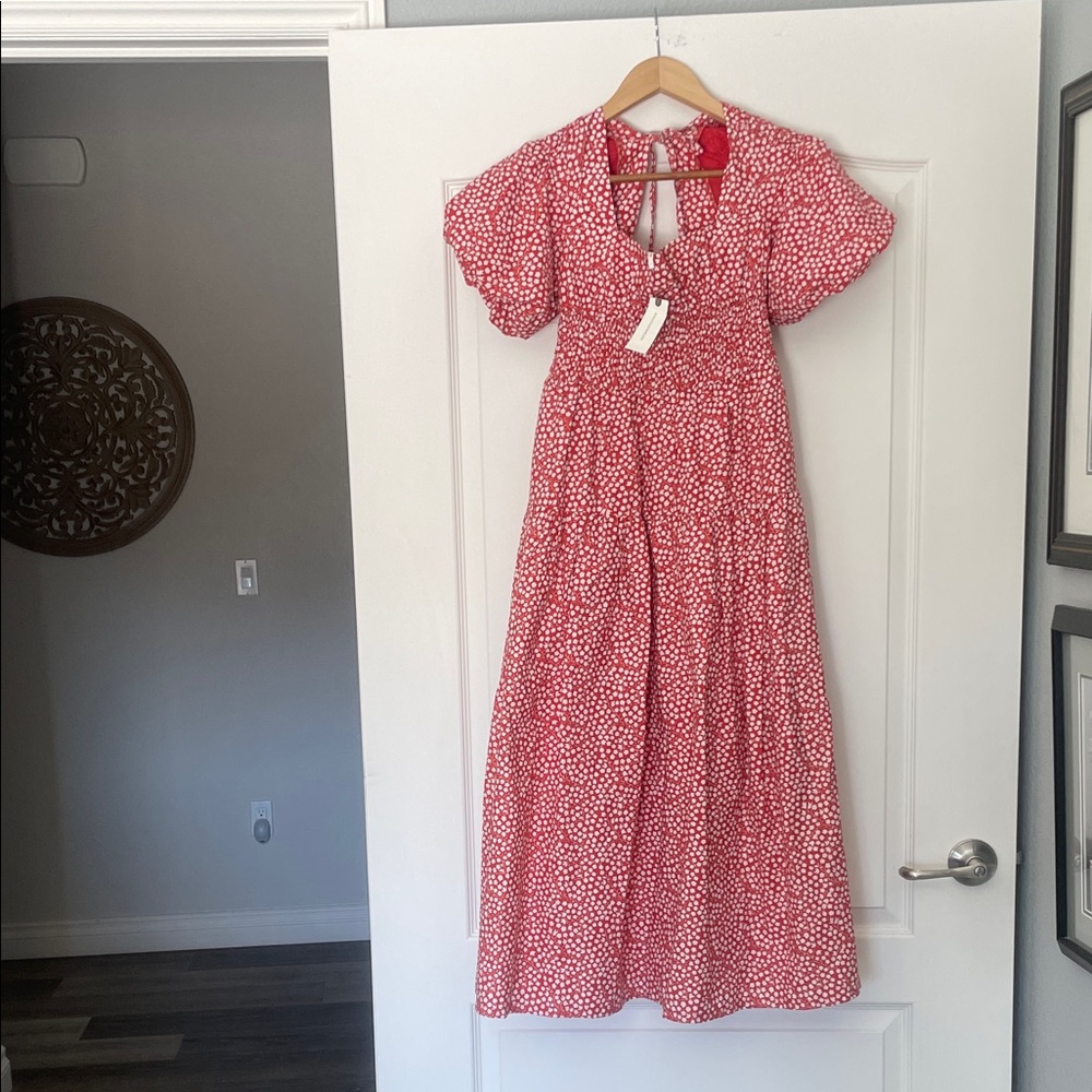 NWT Anthropologie Red Floral Midi Dress with Puffy Sleeves XXS